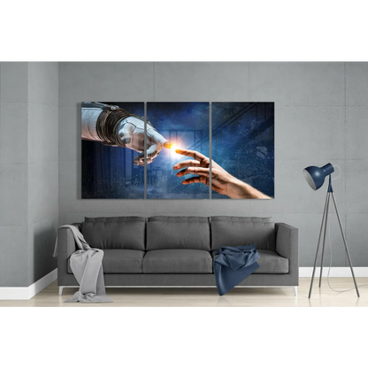 Cosmic Touch three-panel wall art: robotic and human hands touching with glowing light on blue cosmic background