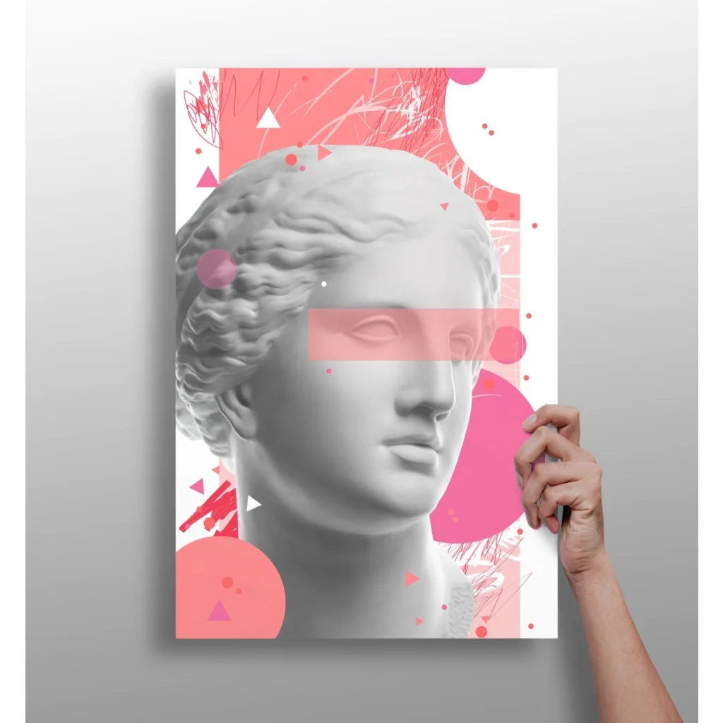 Grayscale marble bust with pink geometric overlays on Insigne aluminum prints
