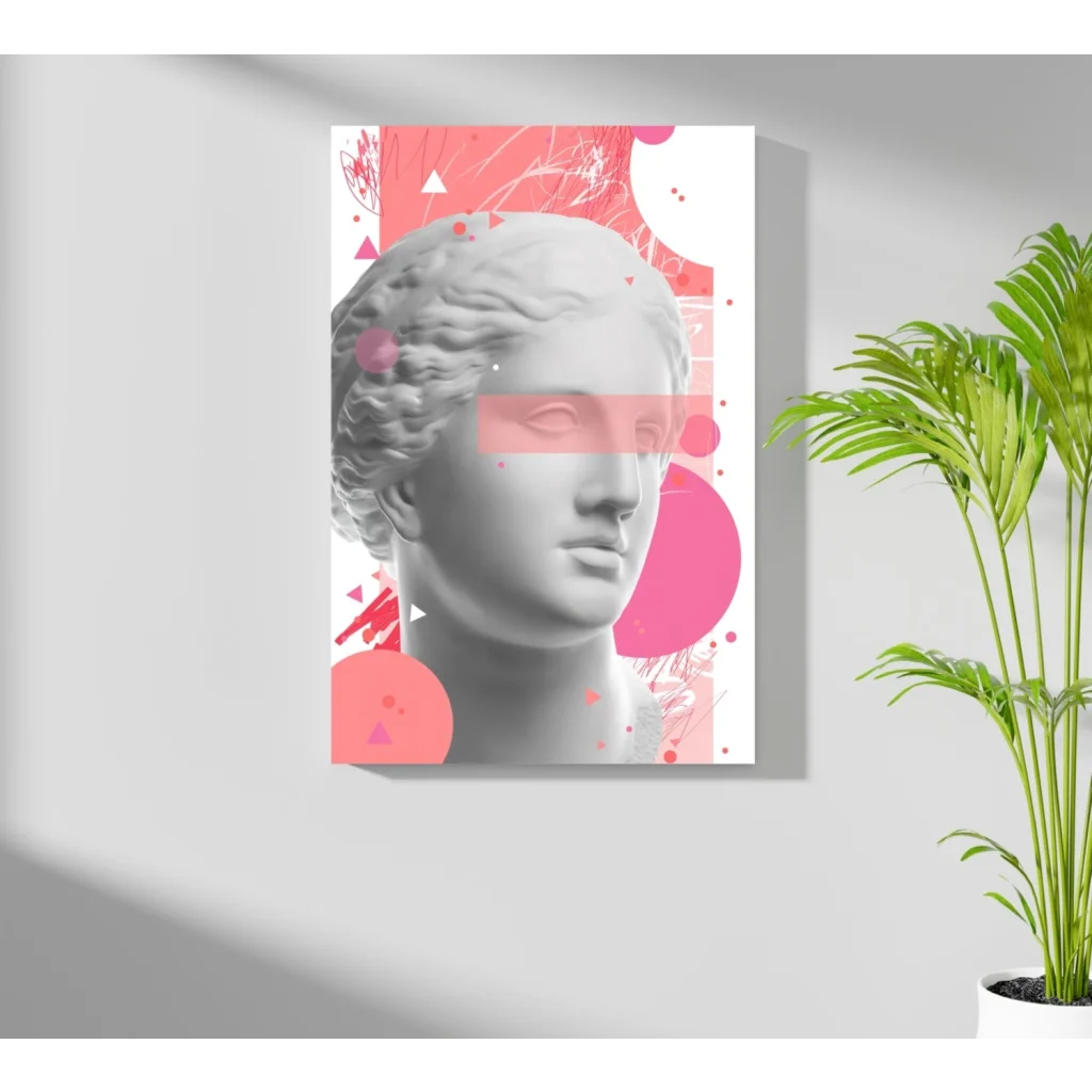 Insigne aluminum prints: grayscale marble bust with pink geometric shapes