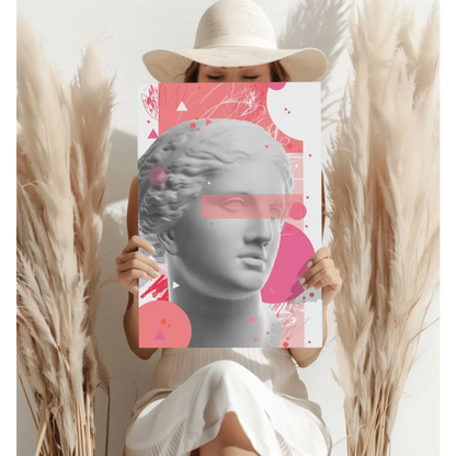 Grayscale classical bust with pink geometric shapes on insigne aluminum prints
