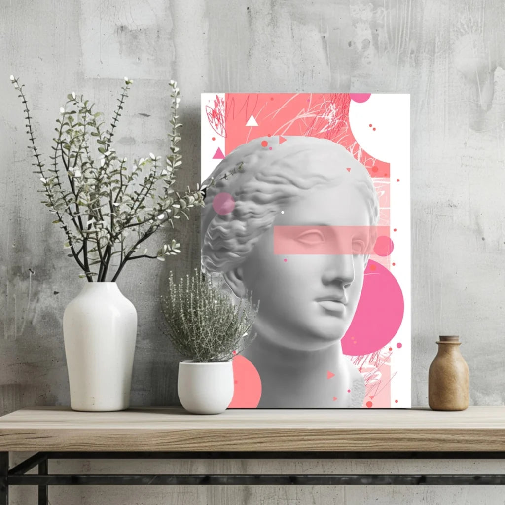 Grayscale classical bust on pink geometric background, Insigne Aluminum Prints