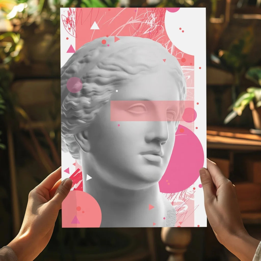 Grayscale marble bust with pink geometric overlays on Insigne aluminum prints
