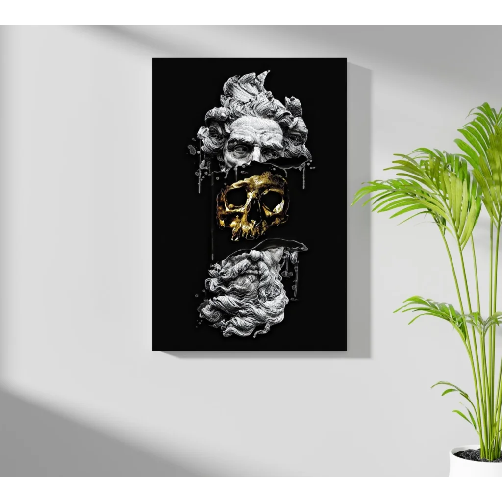 Golden skull with monochrome faces on black canvas, Stacked Skulls Insigne aluminum prints