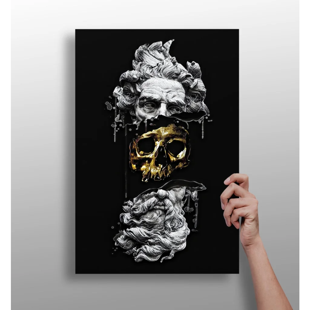 Stacked skulls insigne aluminum print with golden accents and dripping black busts