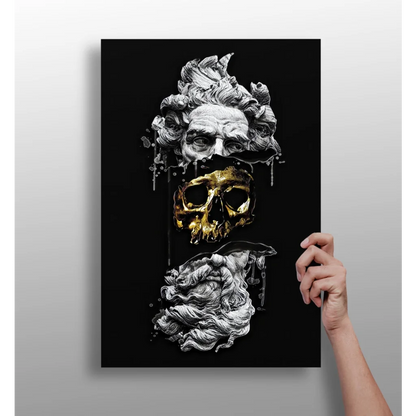 Stacked skulls insigne aluminum print with golden accents and dripping black busts