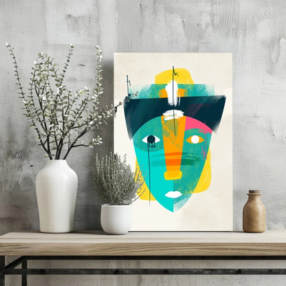 Vibrant abstract face on insigne aluminum prints, teal yellow orange shapes