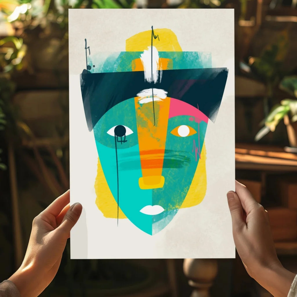 Vibrant abstract face on insigne aluminum print with teal yellow pink shapes
