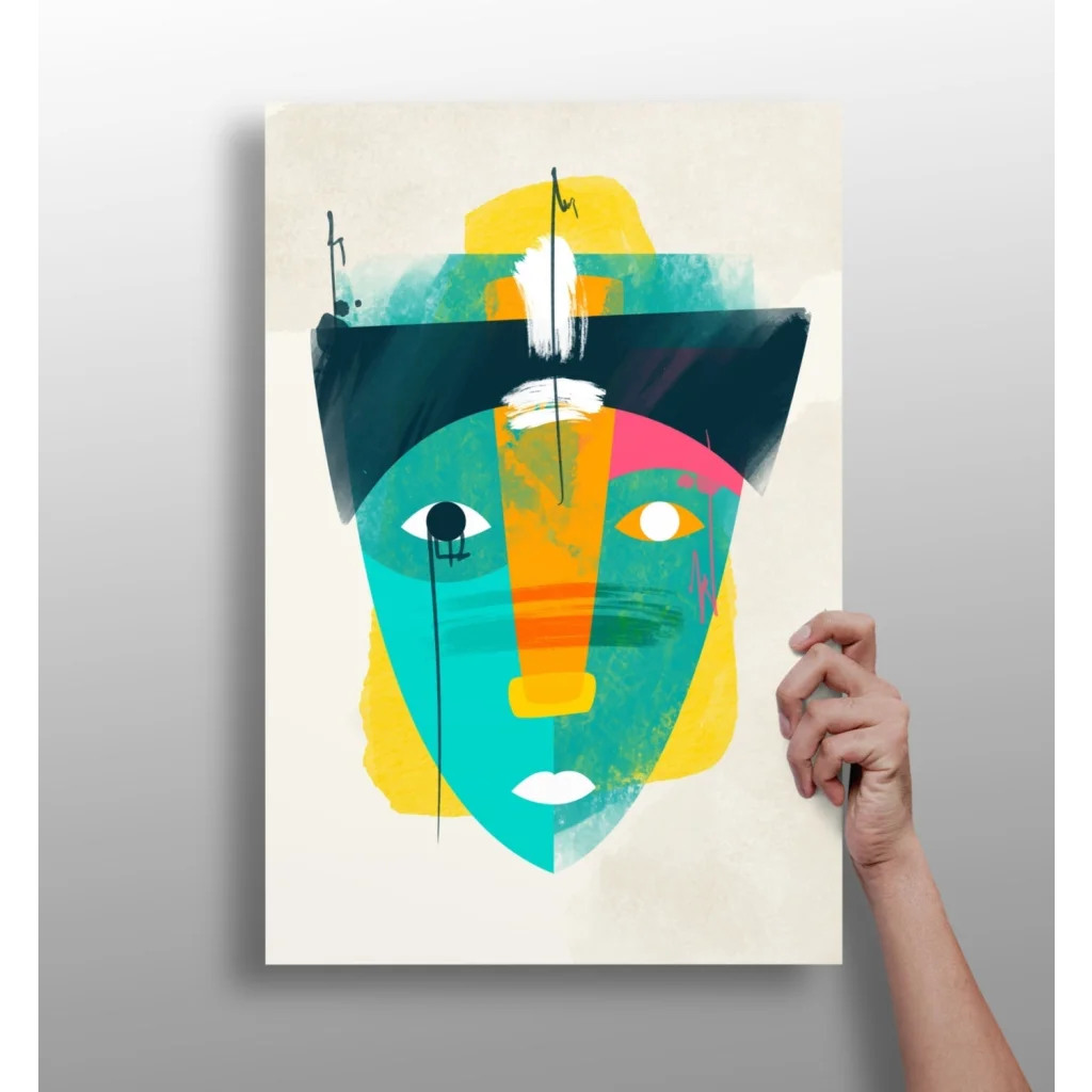 Vibrant abstract face on insigne aluminum prints with teal yellow black strokes