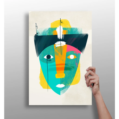 Vibrant abstract face on insigne aluminum prints with teal yellow black strokes
