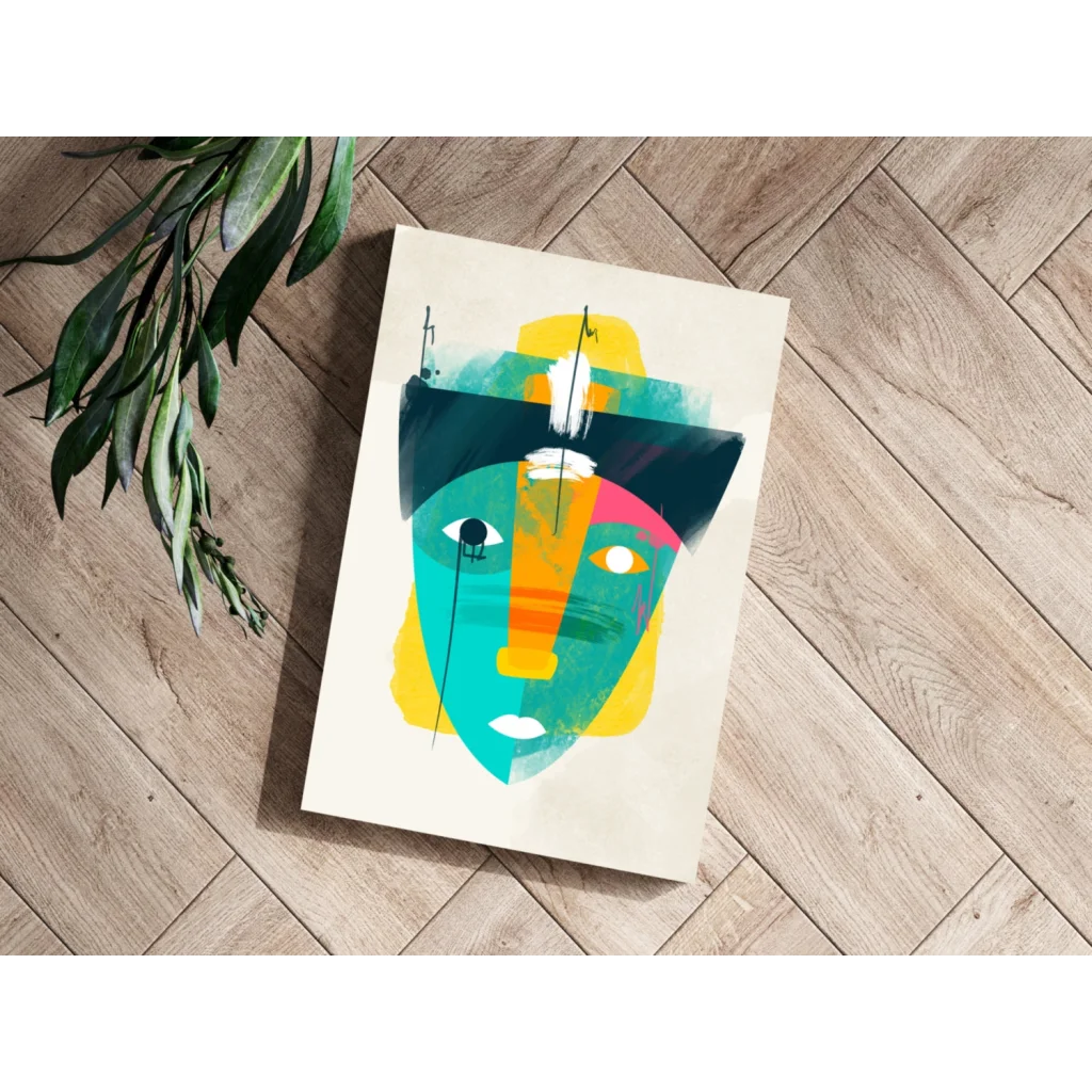 Vibrant abstract face on Insigne aluminum prints with teal, yellow, black strokes