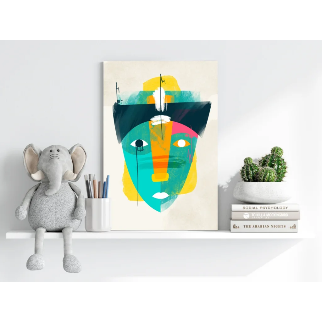 Vibrant abstract face on insigne aluminum prints with teal yellow pink shapes