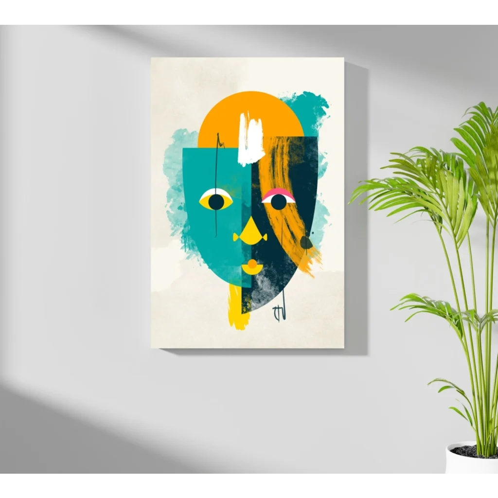 Vibrant abstract face on insigne aluminum print with teal orange yellow shapes