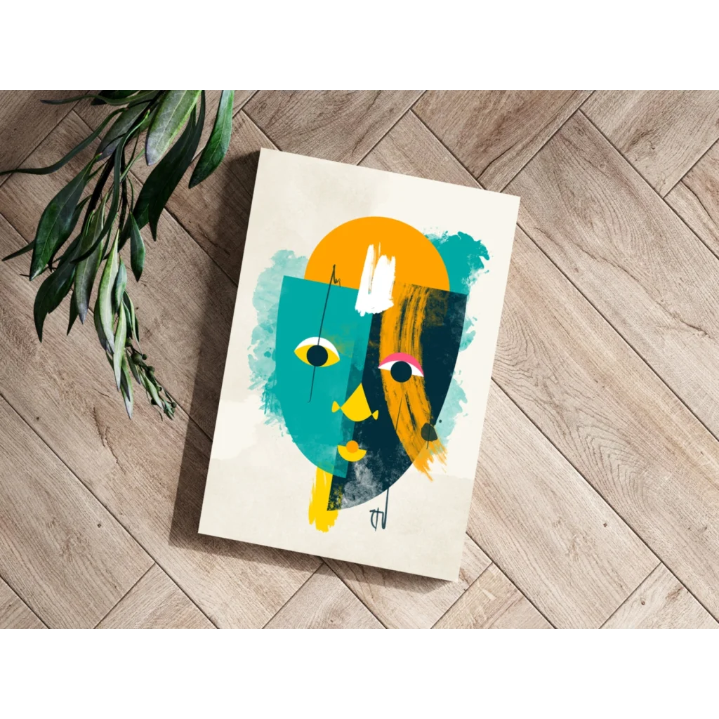 Vibrant abstract face on insigne aluminum prints with teal orange yellow strokes