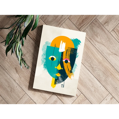 Vibrant abstract face on insigne aluminum prints with teal orange yellow strokes