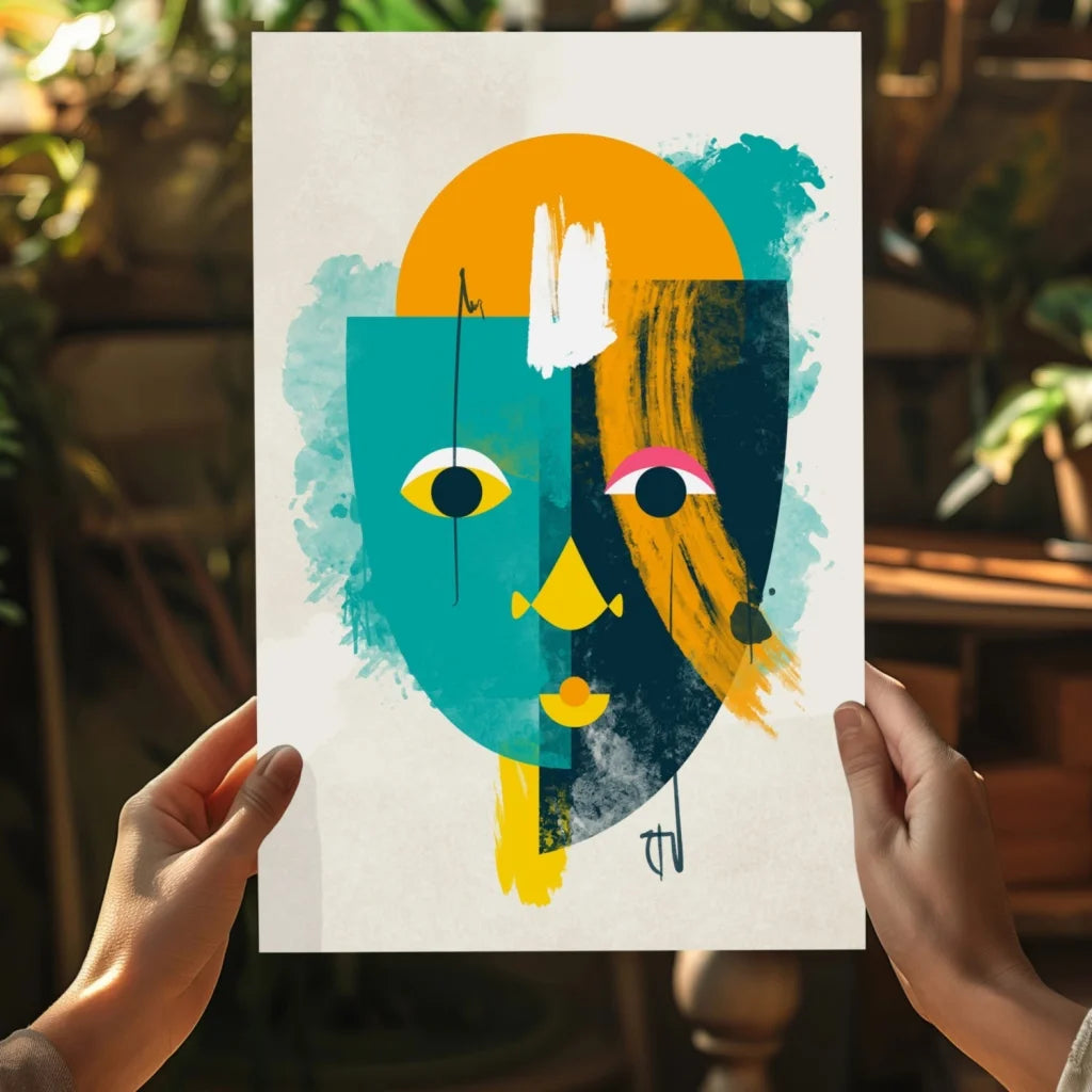 Vibrant abstract face on insigne aluminum print with teal yellow shapes