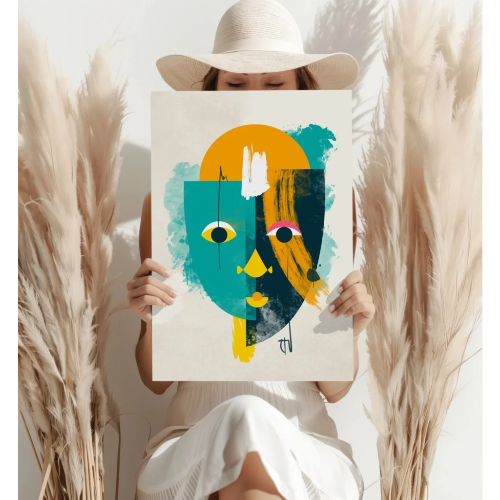 Vibrant abstract face on insigne aluminum print with teal yellow orange strokes