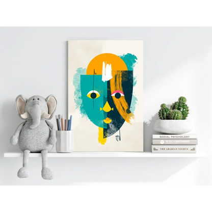 Vibrant abstract face on insigne aluminum prints with teal orange yellow strokes