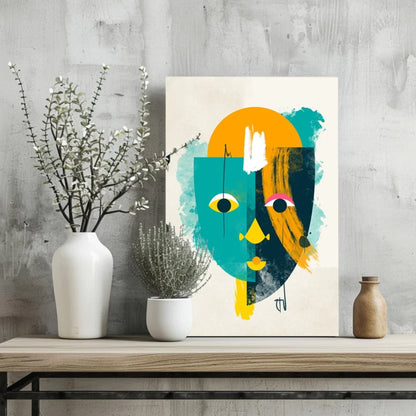 Vibrant abstract face on insigne aluminum prints with teal, orange, yellow brushstrokes