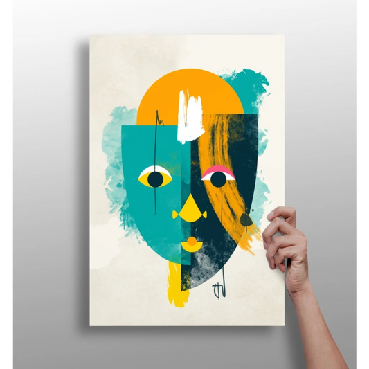 Vibrant abstract face on insigne aluminum prints in teal, yellow, orange
