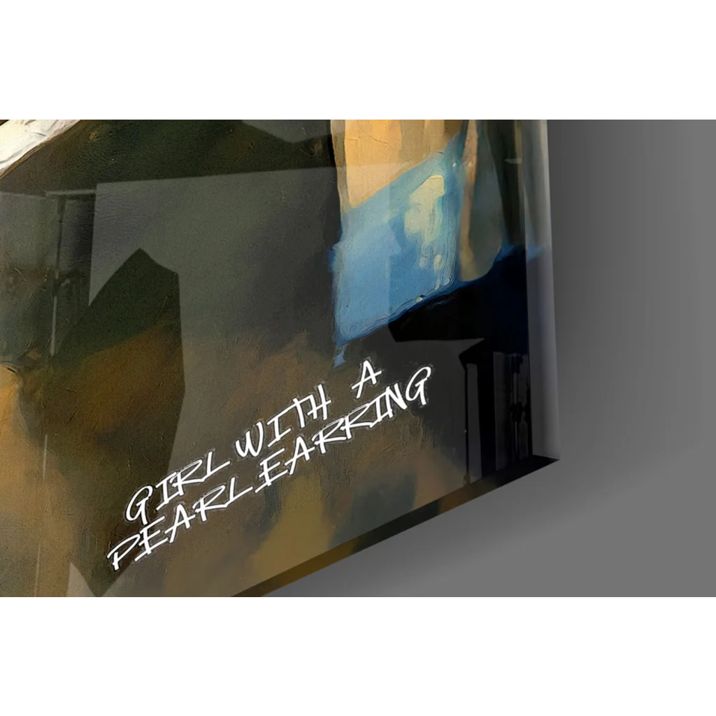 Modern Girl with Pearl Earring glass wall art in blue gold with abstract muted tones