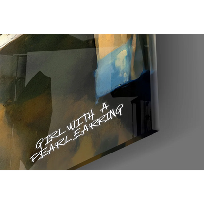 Modern Girl with Pearl Earring glass wall art in blue gold with abstract muted tones