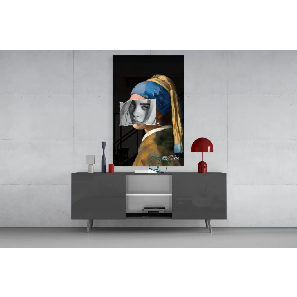 Modern girl with pearl earring blue gold wall art on gray console