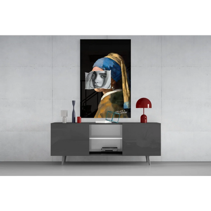 Modern girl with pearl earring blue gold wall art on gray console