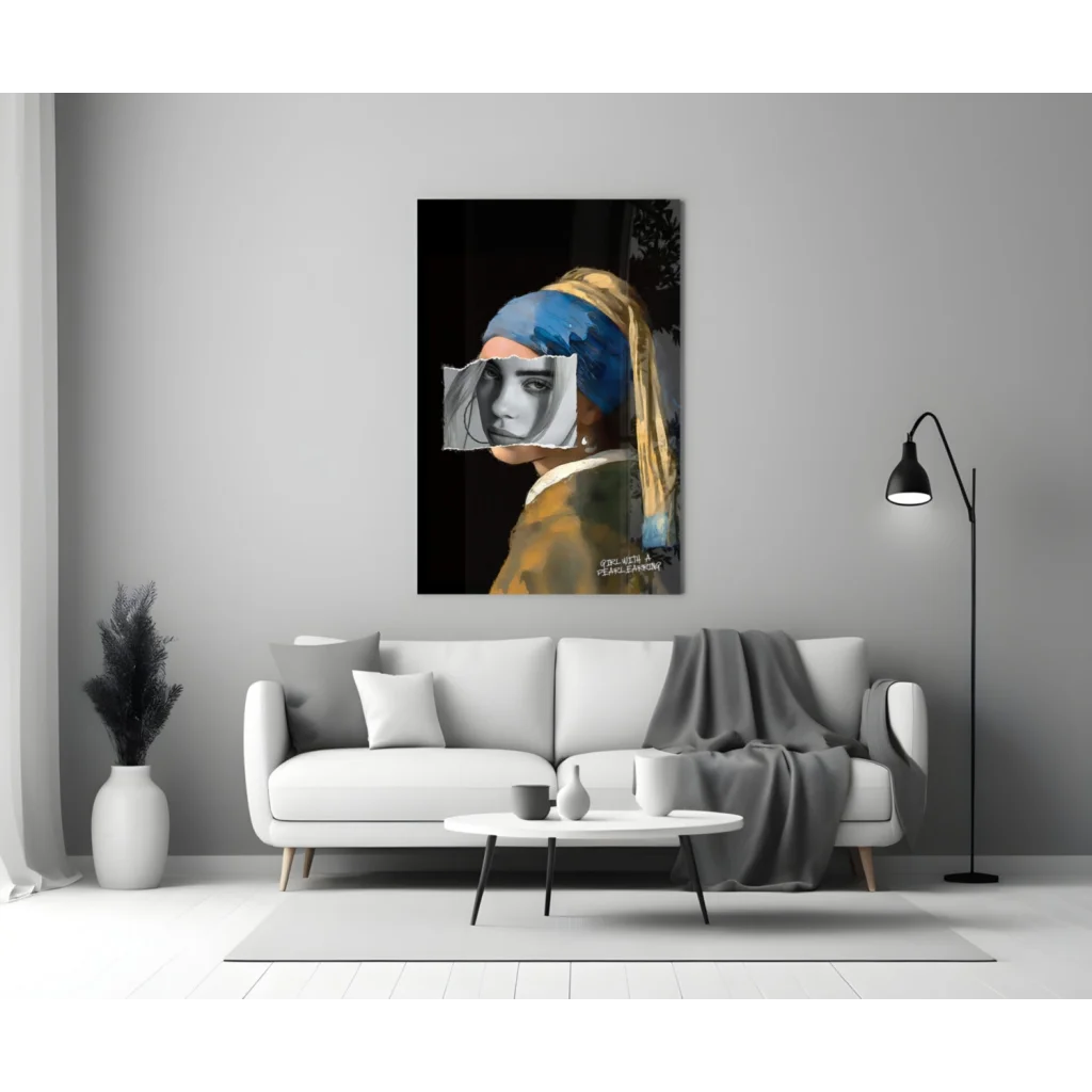 Modern Girl with Pearl Earring wall art canvas print in blue and gold