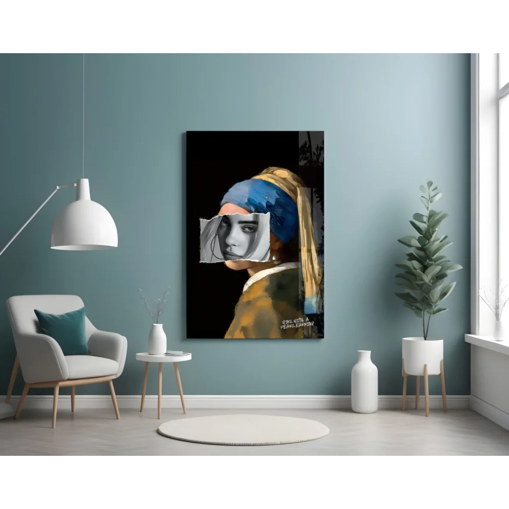 Modern girl with pearl earring canvas wall art in blue gold tones