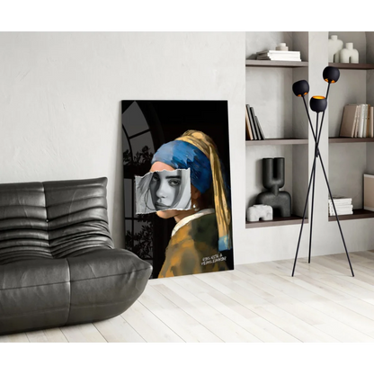 Girl with Pearl Earring blue gold wall art on modern black leather sofa