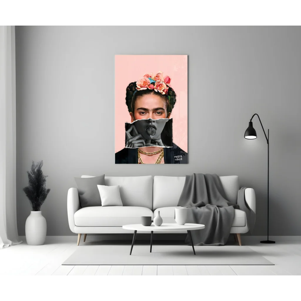 Vibrant pink Frida Kahlo wall art with floral crown and bold eyes