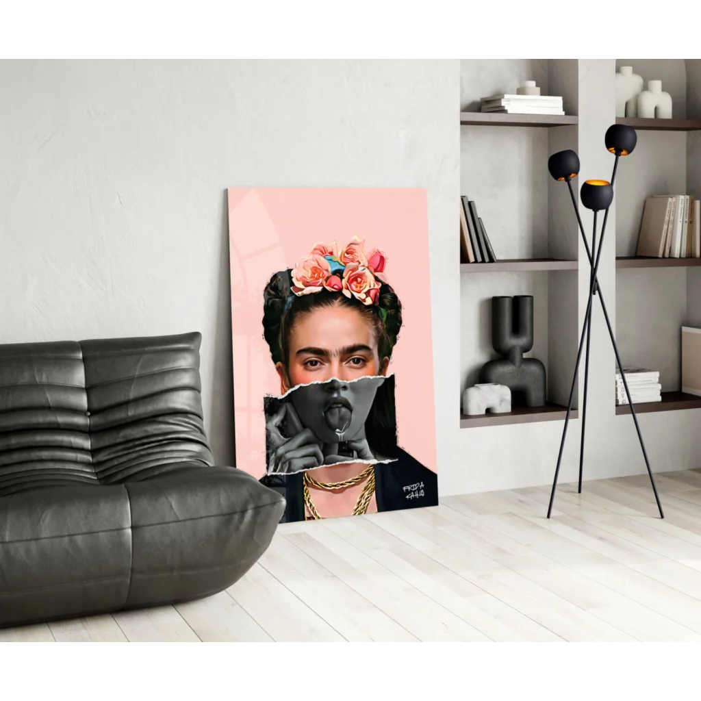 Vibrant pink Frida Kahlo canvas wall art with floral crown and gold necklaces