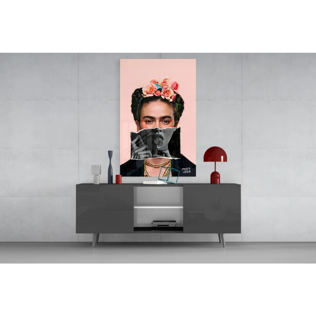 Vibrant pink Frida Kahlo canvas wall art with floral crown