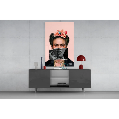 Vibrant pink Frida Kahlo canvas wall art with floral crown