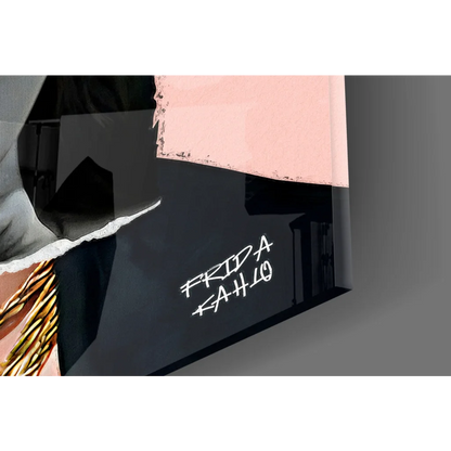 Vibrant pink Frida Kahlo glass wall art with floral crown and torn-paper effect