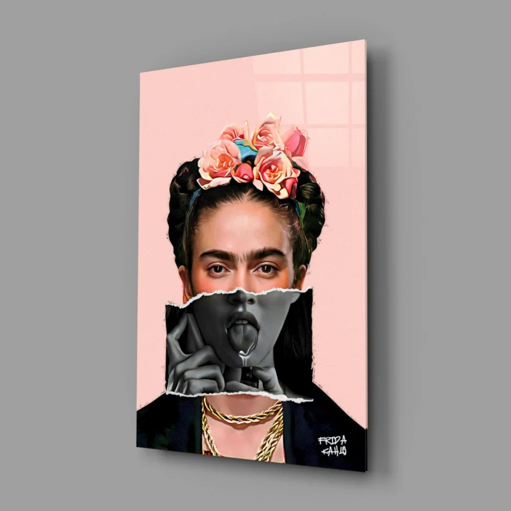 Vibrant pink Frida Kahlo wall art with floral crown and torn-paper design