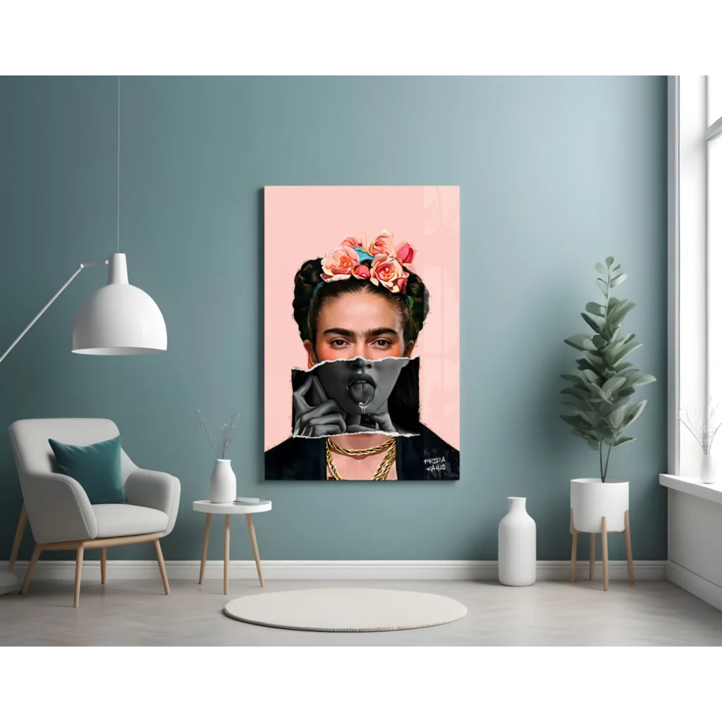 Vibrant Frida Kahlo canvas wall art with floral crown on pink background