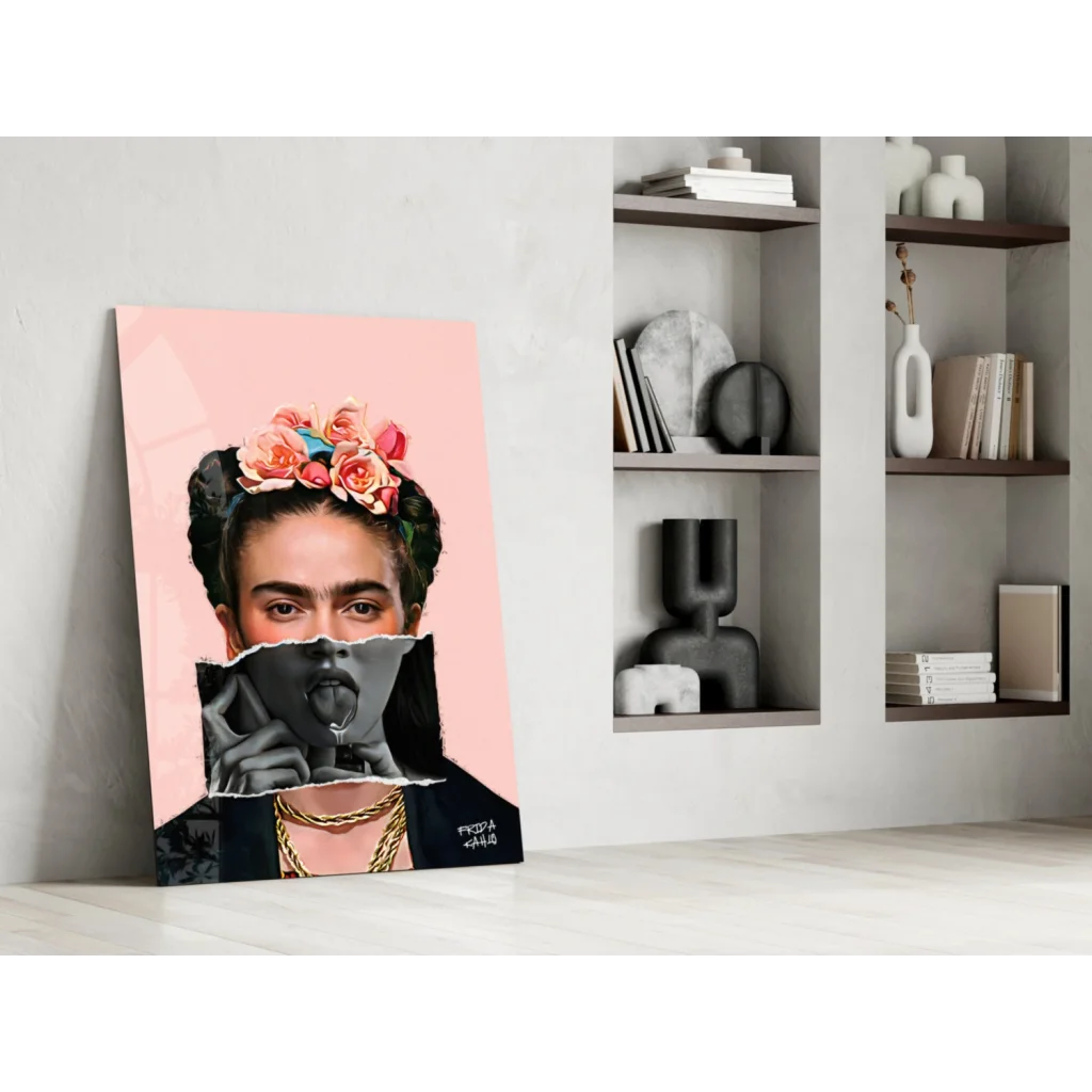 Vibrant pink Frida Kahlo wall art canvas with floral crown and gold chains