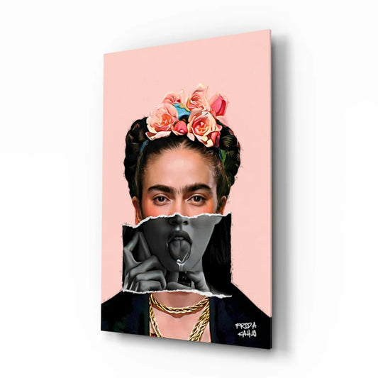 Vibrant pink Frida Kahlo canvas wall art with floral crown and torn-paper effect