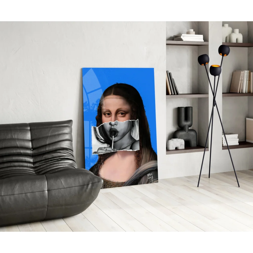 Pop art Mona Lisa wall art with lollipop twist on blue canvas