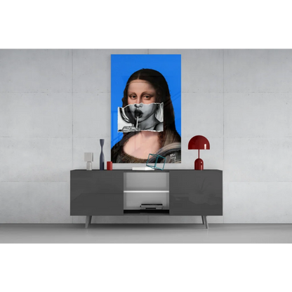 Pop Art Mona Lisa canvas wall art with lollipop twist, vibrant blue backdrop