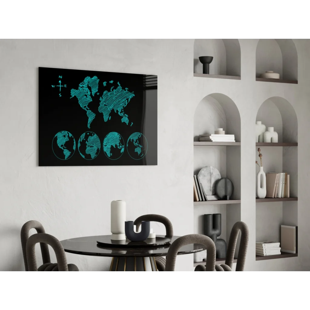 Teal world map glass wall art with compass and globe views
