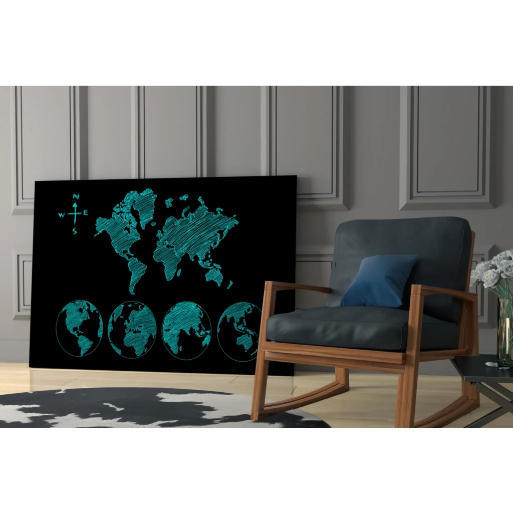 Teal world map canvas wall art with compass and globe views on black background