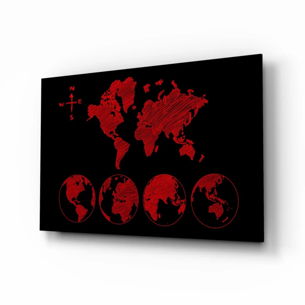 Bold red world map wall art canvas with compass rose and globe views
