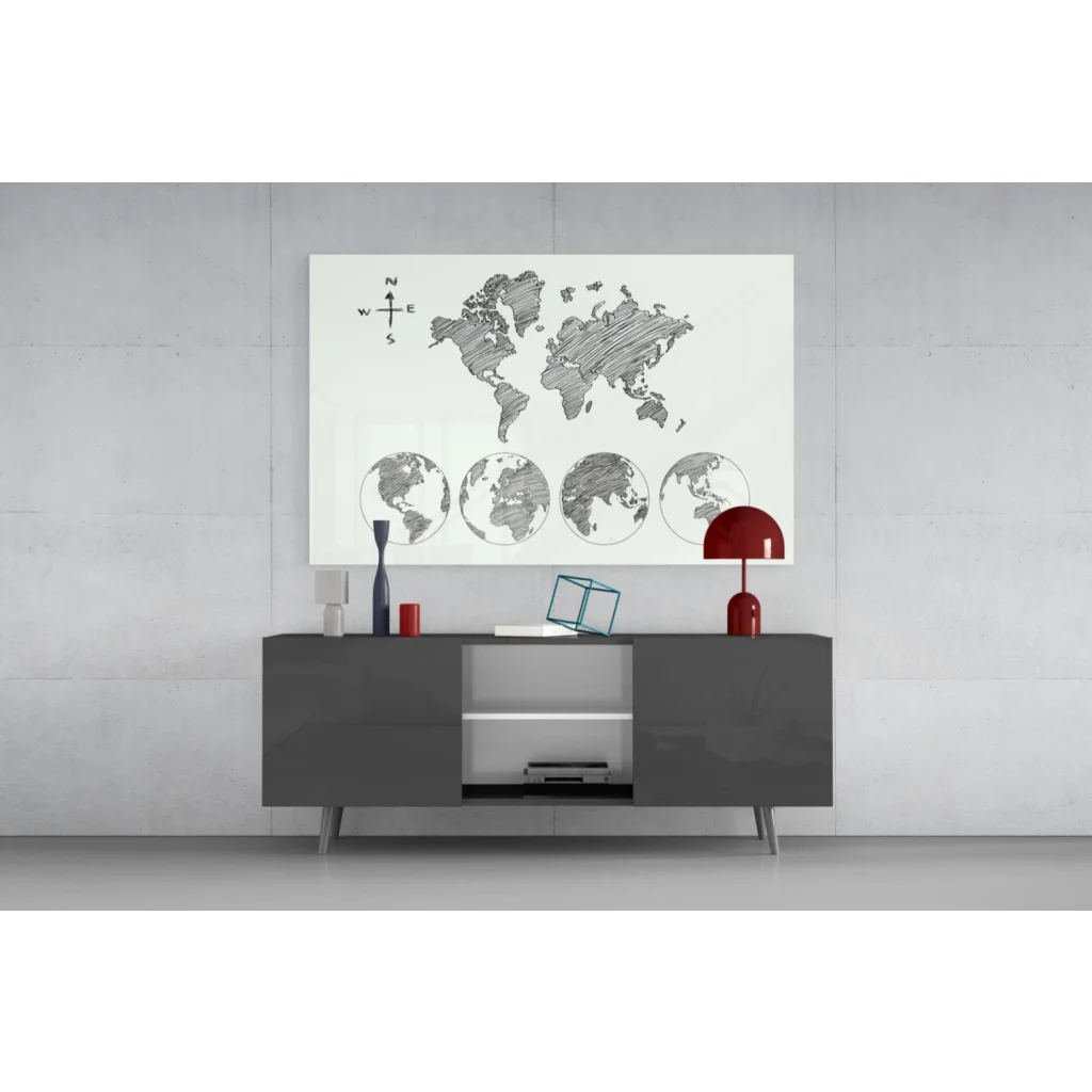 Stunning minimalist white world map glass wall art canvas print