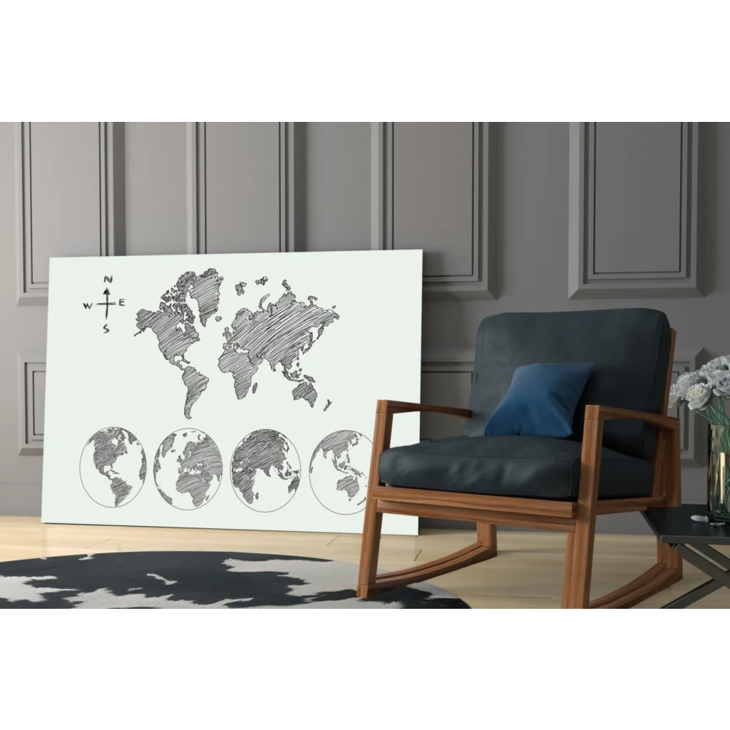 Minimalist world map glass wall art canvas print with compass rose