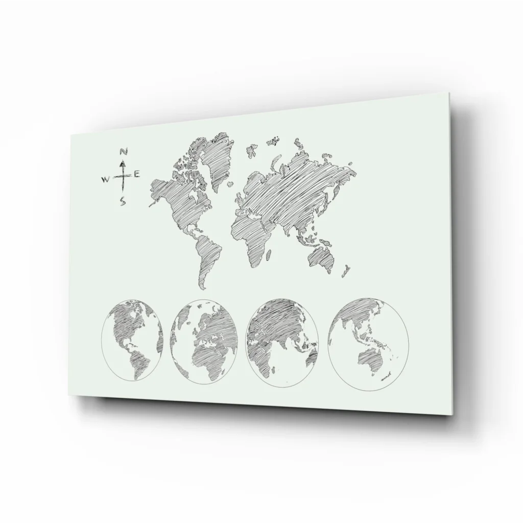 Minimalist world map glass wall art canvas print with mint background