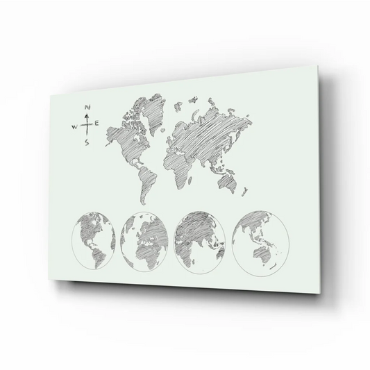 Minimalist world map glass wall art canvas print with mint background