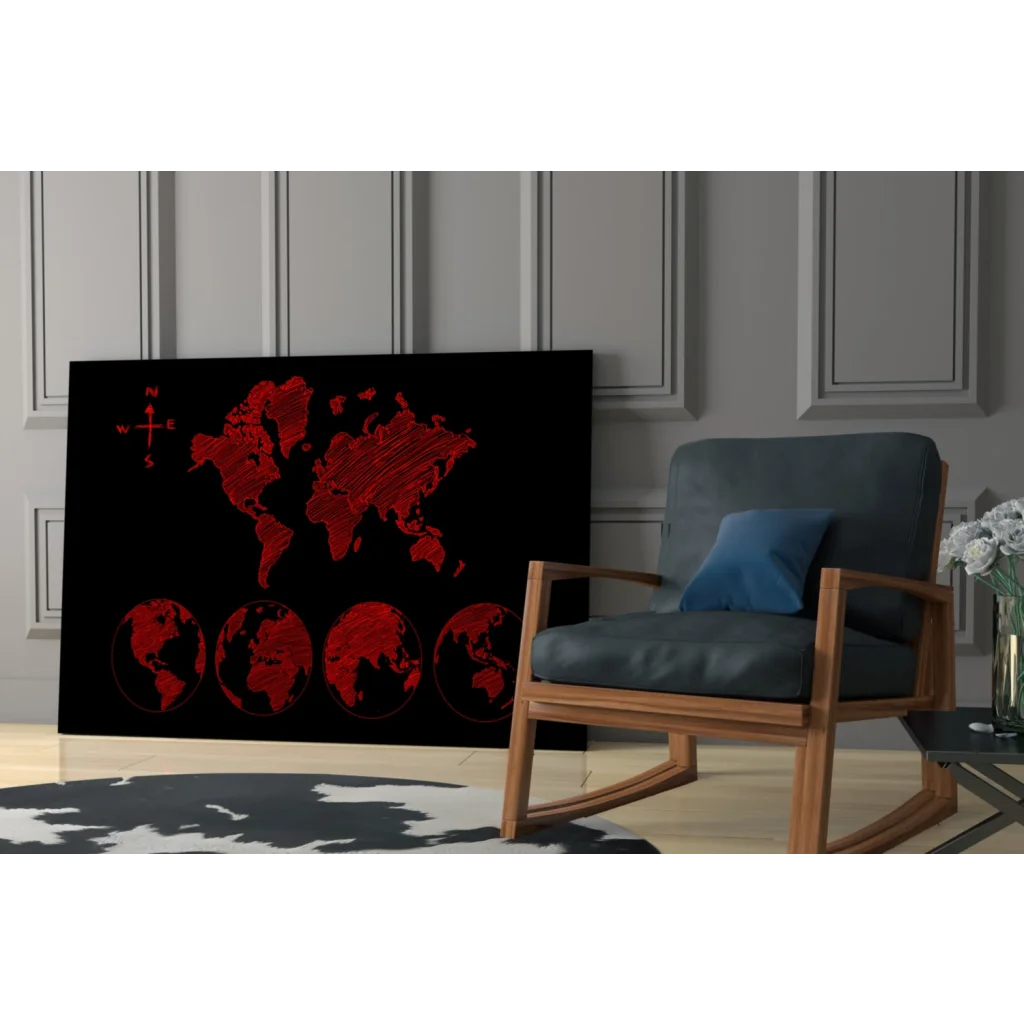 Bold red world map canvas wall art with compass globes