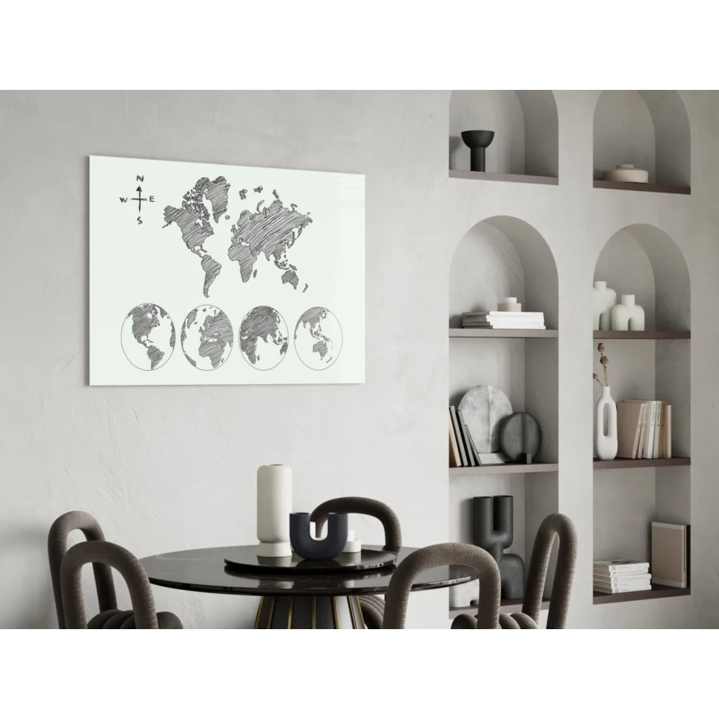Stunning minimalist world map glass wall art with black continents